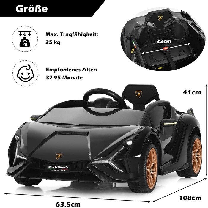 Дитячий електромобіль Lamborghini GOPLUS, з пультом керування, Bluetooth, USB, музика, 3–5 км/год, для дітей 3–8 років, білий/чорний