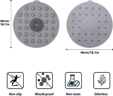 Килимок для душу KAITOER круглий нековзний килимок для ванної з присоскою 46x46 см Килимки для душу з дренажним отвором, силіконовий матеріал- (сірий)