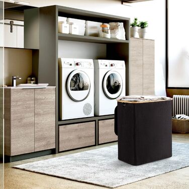 Кошик для білизни Rieeyrslza з кришкою 158 л з бамбука з 2 знімними мішками для білизни, Oxford, складний, для сортування, багатофункціональний, для ковдр та одягу (сірий) (чорний 145л)