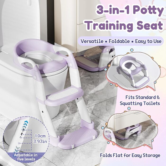 Універсальний дитячий сидіння для унітазу 3-в-1 з драбинкою, фіолетовий - тренажер для привчання до горщика для хлопчиків та дівчаток