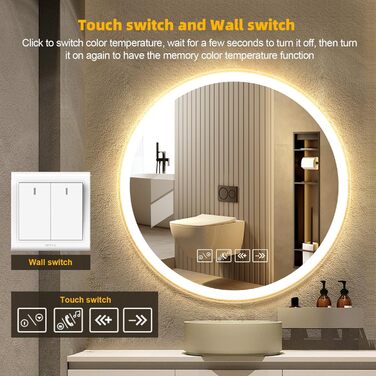 Дзеркало для ванної кімнати 600мм з підсвічуванням, регульованою яскравістю, сенсорним вимикачем, функцією проти запотівання та таймером | IP44, вологостійке, кругле дзеркало з підсвічуванням для ванної кімнати, готелю (з музикою)