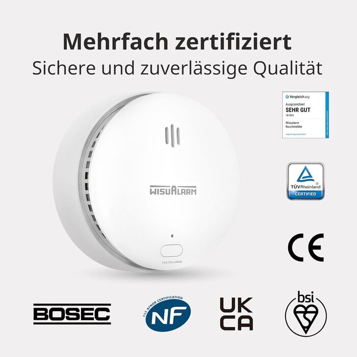 Датчики диму Rauchmelder з магнітним кріпленням, 10 років роботи від батареї, з функцією вимкнення/тестування, сертифіковано TÜV EN 14604 (5 шт.)