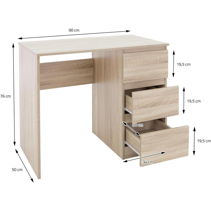 Письмовий стіл ML-Design з 3 висувними ящиками, 90x76x50 см, в дубі сонома, багато місця для зберігання, сучасний, робочий стіл офісний стіл комп'ютерний стіл офісні меблі дитячий стіл для ноутбука стіл для ПК стіл для дому/офісу