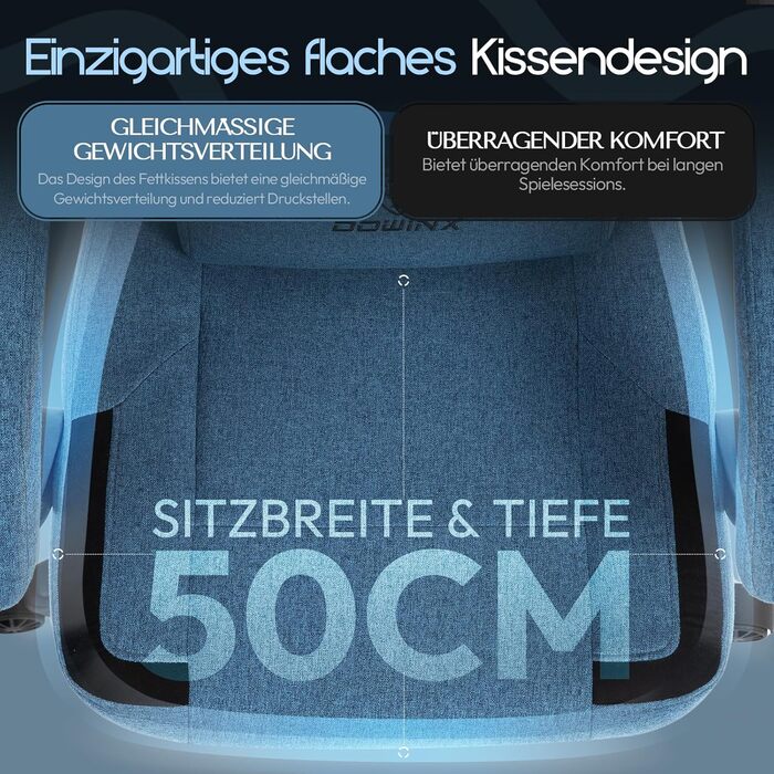 Ігрове крісло Dowinx тканина, Масаж, Підставка для ніг, Ергономічна, 150 кг, Синій