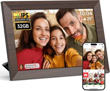 Frameo Цифровий фоторамка WiFi, 10.1 дюйма, HD IPS сенсорний екран, 32 ГБ пам'яті, автоматичне обертання, хмарна підтримка, віддалене завантаження фото та відео