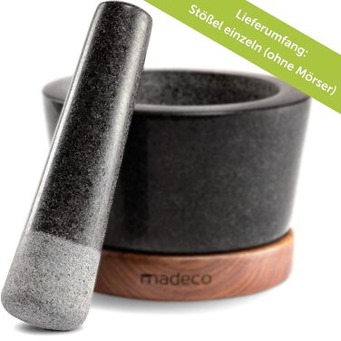 Набір для прянощів Madeco з граніту на дубовому постаменті, діаметр 14,5 см - ідеально підходить для спецій, трав та горіхів. Гранітний ступка та товкачок, великий дизайн, ступка з граніту, товкачок з граніту.