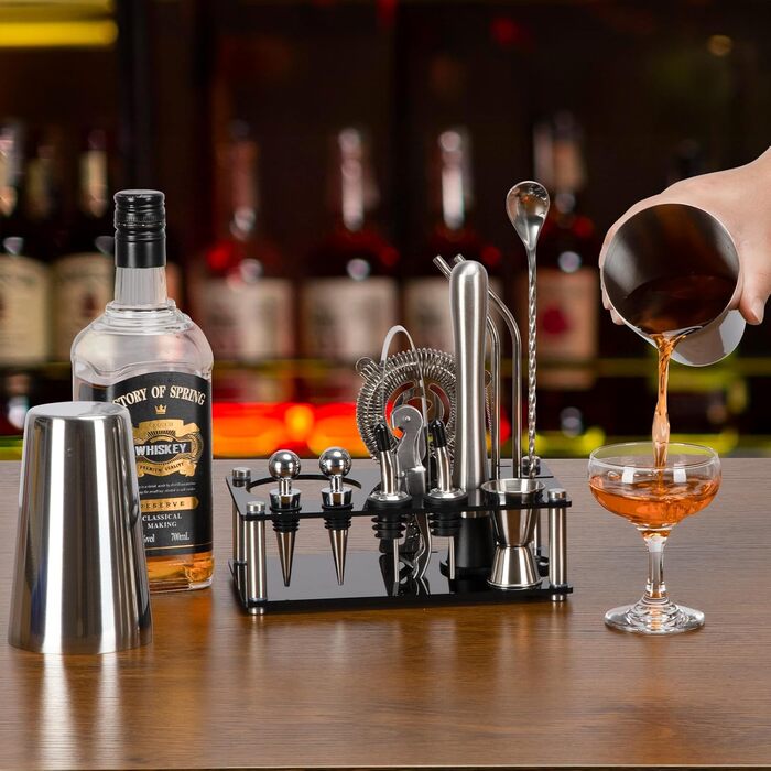 Набір для коктейлів Cinnani 15 предметів з підставкою, нержавіюча сталь, професійний шейкер-бостонський, подарунковий набір для бармена