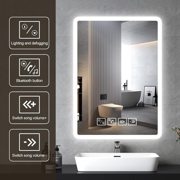 Дзеркало для ванної кімнати з підсвіткою 50x70 см з Bluetooth, годинником, функцією проти запотівання та сенсорним вимикачем