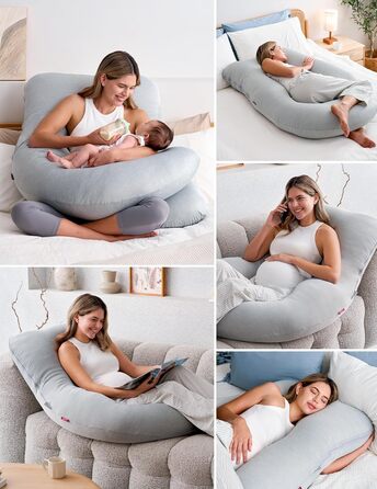 Вагітний подушок Momcozy з кристанового велюру U-подібної форми - подушка для вагітних, для сну на боці (145 см) - знімає напругу з спини та стегон (Світло-сірий, U-подібний)