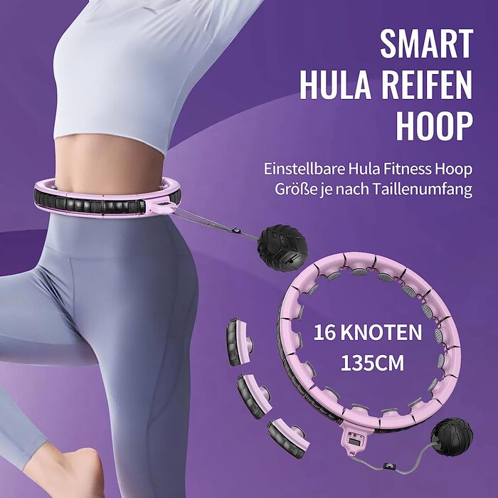 Обруч для фітнесу AgoKud Smart Hula, 16 секцій, регульований, масаж на 360, фіолетовий