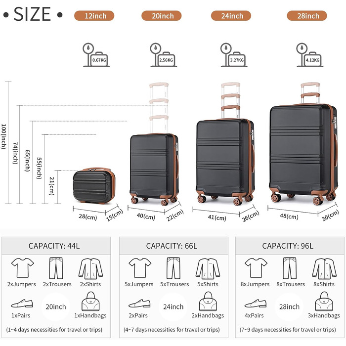 Набір валіз KONO з 2-х частин ABS жорсткий візок TSA з замком 55 см косметичка для ручної поклажі (чорний/коричневий, 4 шт.)