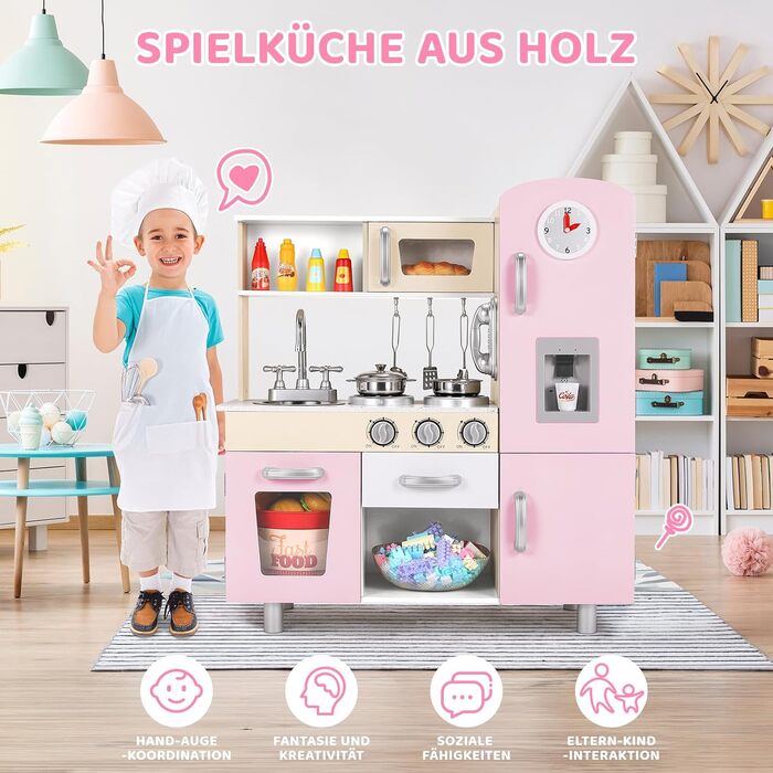 Дерев'яна дитяча кухня Mamizо з аксесуарами, 81x74x30 см, світло та звук, для дітей від 3 років, біло-рожева