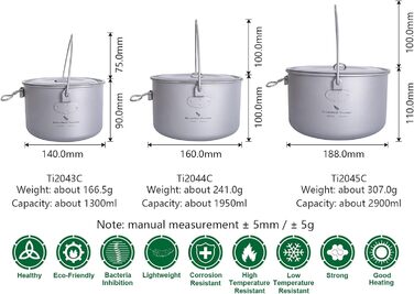 Безмежний вояж Кемпінг Титановий підвісний горщик зі складною ручкою Пікнік Походи Електричний посуд великої місткості 1,3 л 1,95 л 2,9 л (YTI204345C-3шт)