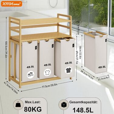 Бамбуковий сортер для білизни з 3 відділеннями, 148 літрів, 2 яруси, великий кошик для білизни з знімним мішком, прямокутна коробка для ванної, спальні та пральні, 77.5x41.3x100.5 см, бежевий (сірий)