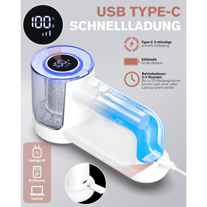 Електричний видальник ворсу Homtronics з USB-зарядкою, LED-дисплеєм та 6-кліновою головкою для одягу, диванів та килимів (білий)