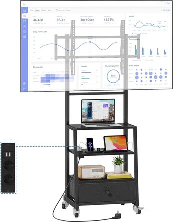Підставка для телевізора на колесах з ящиком, чорна, 140 см. Підходить для телевізорів 32-75 дюймів