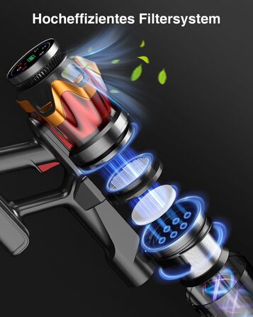 Бездротовий акумуляторний пилосос 45000Pa/550W/65хв, об'єм 1,6л з дисплеєм, антизаплутана щітка, самостійна підставка, док-станція на стіну, 8-шарова фільтрація, тиха робота, для шерсті тварин/килимів/твердих поверхонь/автомобіля (Червоний)