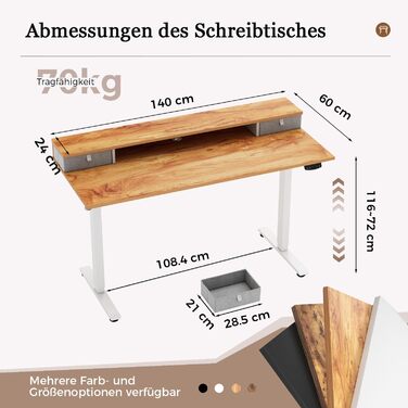 Регульований за висотою стіл Klicelor з двома ящиками, електричний, для офісу, 140 x 60 см