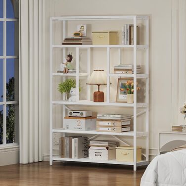 Стильна полиця-стелаж LVB з 6 полицями для вітальні, спальні, офісу. Дерево та метал, білий колір, 30 x 120 x 180 см