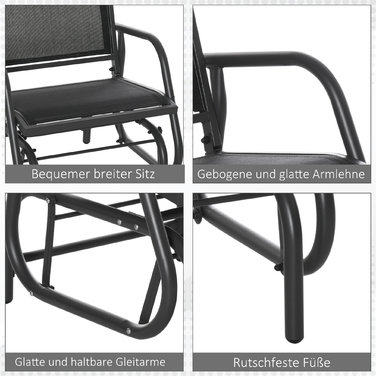 Крісло-гойдалка для саду з металу, крісло-гойдалка з підлокітниками та спинкою, садова гойдалка до 120 кг, вуличний розслаблюючий стілець для балкона, саду, тераси, чорного кольору.