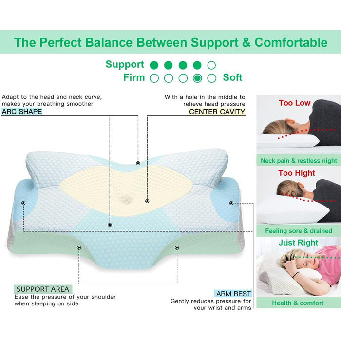 Ортопедична подушка Elviros з memory foam для сну на боці, підтримка шиї, зменшує біль у шиї та плечах, 64 x 12,5/10,5 x 38 см