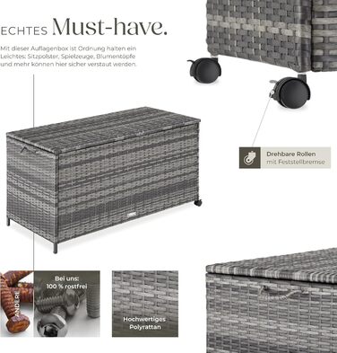 Скриня для саду Tectake з ротангу (поліротанг) чорна, 297л, 117x54x64 см - водонепроникна, з кришкою, на колесах, для тераси, балкону