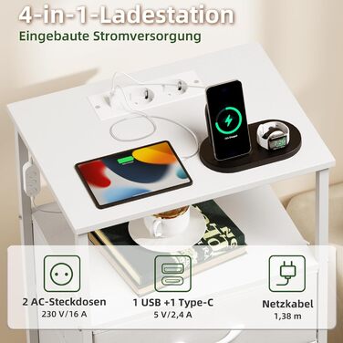 Нічний столик Somdot з LED, USB та Type-C, 2 висувні ящики, штучна шкіра, білий (30x40x60 см)