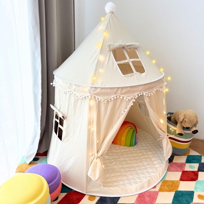 Намет для дітей Tipi з м'якого бавовняного полотна Silky-Cotton | Бежевий, 1 вхід, 3 вікна, Tasche & Bodenmatte | Стабільний намет-іграшка для хлопчиків та дівчаток