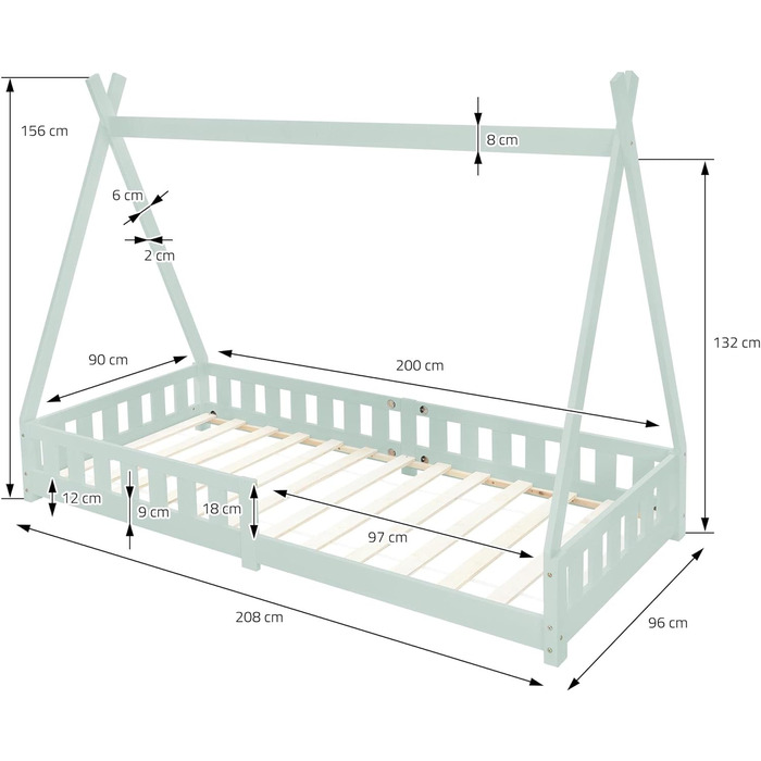 Дитяче ліжко ML-Design Teampee із захистом від падіння з висоти та рейковим каркасом, Сосна, Індійське Ліжко з масиву дерева для дівчаток та хлопчиків, Ліжко-будиночок з огорожею Дитячий будиночок Молодіжне ліжко-намет (90x200 см з матрацом (В 16 см), М'я