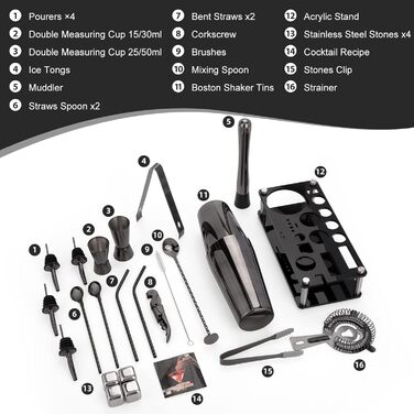 Набір шейкерів для коктейлів Boston з 23 предметів, акрилова підставка, буклет рецептів, проф. набір