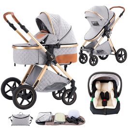 Дитяча коляска Shineey 3 в 1, шасі з алюмінієвої сплави, сірий колір (H2 GREY)