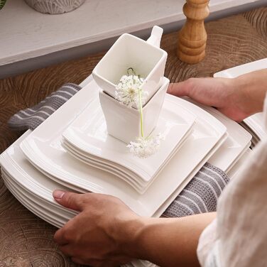 MALACASA Серія Flora – 60-елементний посудний сервіз для 12 осіб – кремово-білий порцелан з квадратним дизайном (тарілки, чашки, блюдця) – підходить для миття в посудомийній машині та для використання в мікрохвильовій печі