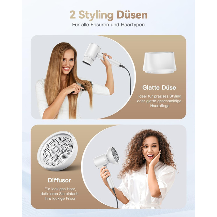 Іонний фен для волосся DEWILY з дифузором 1800Вт, 3 температурні режими, компактний дорожній фен для кучерявого волосся, білий