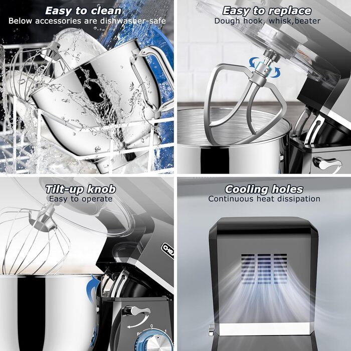 Кухонна машина Cheflee 2000W: потужна планетарна міксер для тіста та збивання, 6 швидкостей, 7.2 л чаша з нержавіючої сталі, гак та вінчик, захист від бризок, чорний