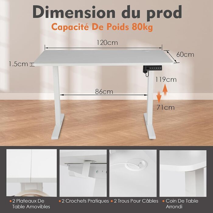 Електричний регульований стіл Pachira 120x60 см з пам'яттю та LED-дисплеєм, з гачками та кабелеуправлінням, ергономічний для дому/офісу, білий