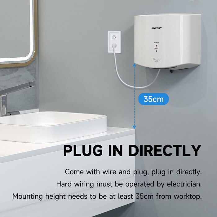 Anydry 2630S: Компактний електричний сушар для рук з автоматичним керуванням, для монтажу на стіну, для дому та комерційних приміщень, 1400-1650W, білий