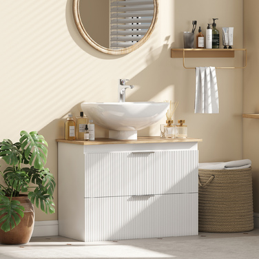 Підвісна шафка під раковину для ванної кімнати, 80 см, з двома великими висувними ящиками (підходить для раковин зі зливом та без), колір білий.