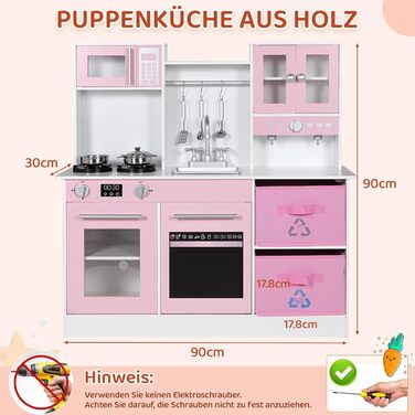 Дерев'яна дитяча кухня MAMIZO з підсвічуванням та звуком, іграшкова кухня для дітей, 90x30x90 см, з аксесуарами та 2 ящиками, іграшка для дітей від 3 років (Рожева)
