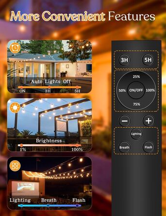 LED гірлянда для вулиці з пультом керування, 15м, G40, диммування, 4 режими, таймер, вологостійка, для саду, балкону, тераси, вечірки, кемпінгу, весілля