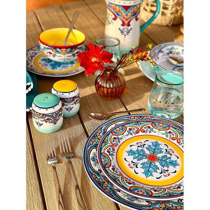 Набір посуду Euro Ceramica Zanzibar Collection, 16 частин, для кухні та їдальні, на 4 особи, з іспанським квітковим візерунком, блакитно-жовтий