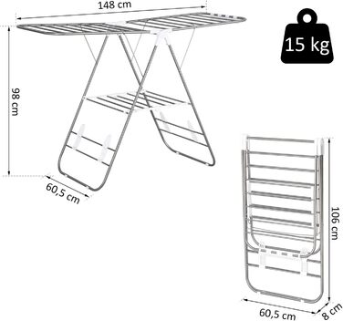 Складна сушильна стійка HOMCOM, портативна сушильна машина з крилами, підлогова сушарка з телескопічними штангами, нержавіюча сталь, пластик, срібло, білий, 146 x 60.5 x 98 см