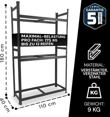 Стійка для шин преміум-класу 100x110x40 см, вантажопідйомність 175 кг, економія місця, для гаража та складу (чорний, 12 шин)