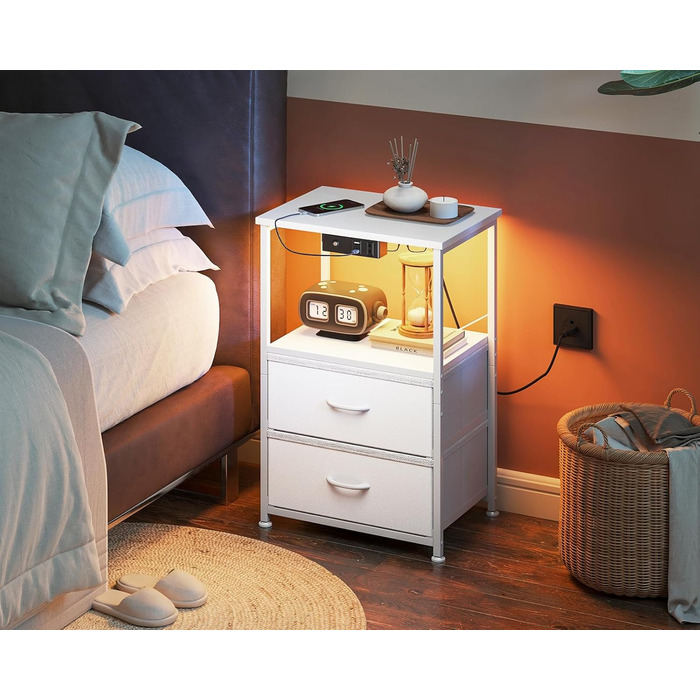 Приліжкова тумбочка Coleshome біла з USB, розеткою та LED-підсвіткою, 2 висувні ящики та полиця, для невеликих спалень, 40x30x60 см, в упаковці 1 шт.