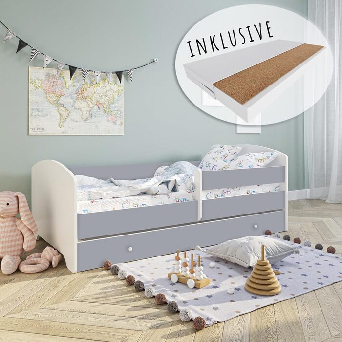 Дитяче дитяче ліжко Kids Collective 140x70 см з матрацом і ящиком, захистом від падіння та рейковим каркасом білий (80 x 160 см матрац, сірий)