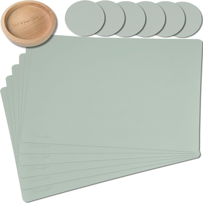 Набір з 6 преміум-підкладок для столу Mahewa® з екошкіри - підкладки для тарілок, миються та водонепроникні, в стилі шкіри (Salbeigrün, кутові з тримачем)