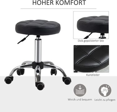Обертовий стілець-каталка HOMCOM 2 серії з колесами, робочий стілець з регульованою висотою, обертовий стілець для салону, крісла для салону зі штучної шкіри Ø35, 5 x 48-63h см (чорний)