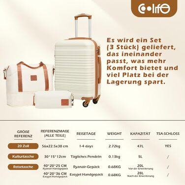 Набір валіз COOLIFE 3 в 1: великий дорожній набір 71 см + сумка та косметичка | ABS, 360° колеса, TSA-замок. Ідеально для подорожей, відпочинку, навчання за кордоном. Сімейний набір ручної поклажі 3 шт. Чорний/Коричневий