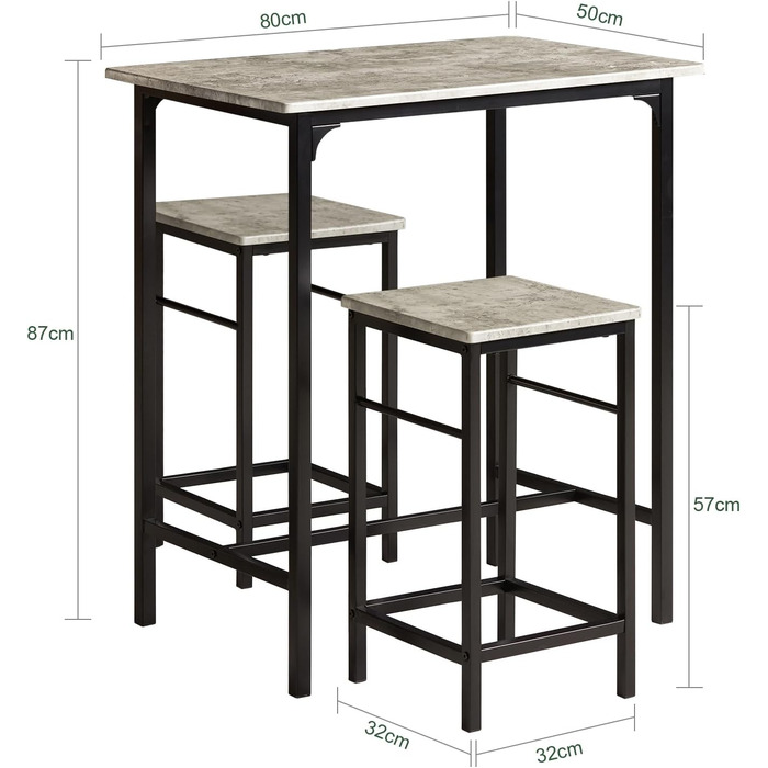 Набір обіднього столу SoBuy (3 шт.) – обідній стіл з 2 стільцями, компактний кухонний набір для вітальні, балкону, саду – компактний та сучасний для невеликих приміщень, 80x50 см, сірий