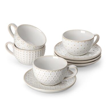 Набір посуду MALACASA LYDIA для 4 осіб (16 предметів) з кераміки з рельєфом, бежевий (4 чашки 180 мл)