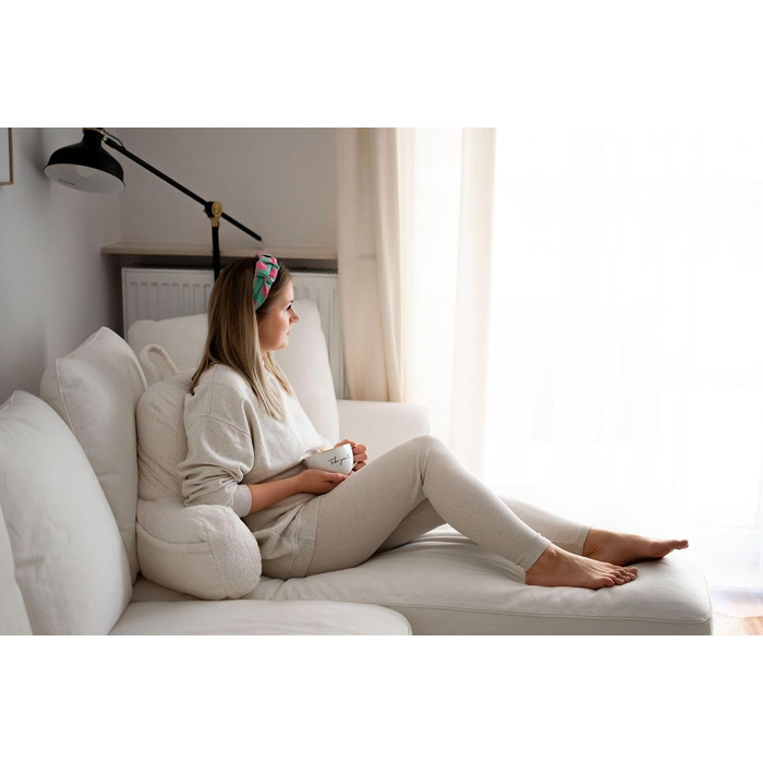 Подушка для спини з підлокітниками Flumi для читання, перегляду телевізора та відпочинку. Зручна подушка для ліжка та дивана з знімним чохлом, м'яка піна, з ручкою (Бежевий Boucle)